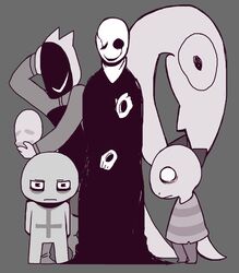  1boy androgynous commentary_request gaster_follower_1 gaster_follower_2 gaster_follower_3 goner_kid mamaito monochrome monster multiple_persona shirt simple_background spoilers striped_clothes striped_shirt undertale w.d._gaster 