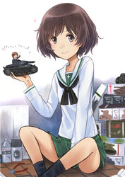  2girls akiyama_yukari bad_id bad_pixiv_id black_legwear blouse brown_eyes brown_hair girls_und_panzer green_skirt heart long_sleeves looking_at_viewer messy_hair military military_vehicle miniskirt model motor_vehicle multiple_girls neckerchief nishizumi_miho ooarai_school_uniform panzer_iv pleated_skirt school_uniform serafuku shirt short_hair sitting skirt smile socks tank translated umasanjin uniform white_shirt 