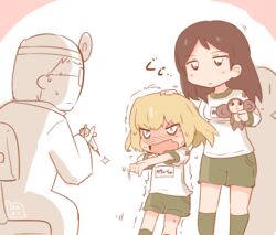  1boy 2girls :o blonde_hair blush brown_hair chair cheburashka clothes_writing commentary_request doctor full-face_blush gena_the_crocodile_and_his_friends girls_und_panzer gym_shorts gym_uniform hand_on_another&#039;s_head hanomido headpat katyusha_(girls_und_panzer) long_hair multiple_girls needle_phobia nonna_(girls_und_panzer) open_mouth outstretched_arm short_hair shorts stuffed_monkey sweat syringe trembling v-shaped_eyebrows 