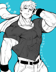  1boy aqua_theme bad_id bad_pixiv_id bara blue_theme commentary_request greyscale_with_colored_background jacket jacket_over_shoulder large_pectorals mabataki male_focus monochrome muscular muscular_male nagumo_keiichirou pectorals real_bout_high_school shirt solo t-shirt translated unworn_jacket wristband 