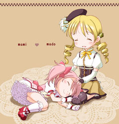  2girls blonde_hair boots bow closed_eyes commentary_request detached_sleeves drill_hair fingerless_gloves gloves hairbow hand_on_another&#039;s_head hat hatomugi_(mamotan) kaname_madoka kaname_madoka_(magical_girl) knee_boots kneehighs lap_pillow mahou_shoujo_madoka_magica mahou_shoujo_madoka_magica_(anime) multiple_girls pink_hair seiza short_hair short_twintails sitting skirt socks thighhighs tomoe_mami tomoe_mami_(magical_girl) twin_drills twintails 