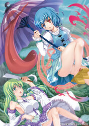  2girls bare_legs blue_eyes blue_hair detached_sleeves eye_contact fire flying frog geta gohei green_eyes green_hair hair_ornament heterochromia hexagram karakasa_obake kochiya_sanae long_hair looking_at_another magic_circle multiple_girls oil-paper_umbrella photoshop_(medium) purple_umbrella red_eyes sandals short_hair snake tatara_kogasa tomusooya tongue touhou umbrella upskirt 