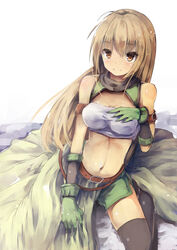  bandeau battery_aida_ni_misu_ga_deta belt breasts brown_eyes brown_hair commentary_request female gloves green_gloves hand_on_own_chest highres long_hair medium_breasts navel sennen_sensou_aigis sitting smile solo soma_(sennen_sensou_aigis) strapless thighhighs very_long_hair white_background 