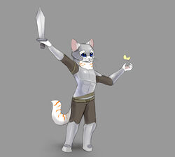  anthro armor clothed clothing felid fur happy-cat male mammal melee_weapon simple_background solo standing sword weapon whiskers 