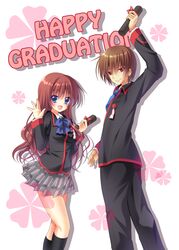  1boy a-chan_senpai blue_eyes blush bow brown_hair commentary_request diploma female graduation kud_wafter little_busters! long_hair long_sleeves nakada_rumi natsume_kyousuke open_mouth red_eyes school_uniform short_hair smile tube very_long_hair waving wavy_hair 