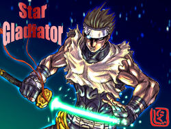  1boy blue_eyes brown_hair energy_sword fingerless_gloves forehead_protector gloves glowing glowing_eye kanzaki_hayato_(star_gladiator) male_focus muscular nikuji-kun photoshop_(medium) plasma_sword science_fiction solo star_gladiator sword weapon 