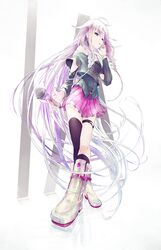  absurdly_long_hair ahoge bare_shoulders blue_eyes boots braid character_name commentary_request female full_body gradient_hair grey_hair highres ia_(vocaloid) kenshin_(kenshin3) light_purple_hair long_hair looking_at_viewer looking_down microphone multicolored_hair off_shoulder simple_background single_thighhigh skirt solo thigh_strap thighhighs twin_braids very_long_hair vocaloid 