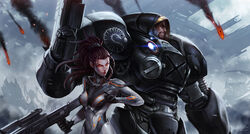  1boy alien armor battle bodysuit commentary english_commentary female floating flying fog glowing glowing_eyes grin gun jim_raynor machine_gun mecha monster photoshop_(medium) ponytail power_armor realistic red_eyes rifle robot sarah_kerrigan science_fiction shadow sia_kim signature size_difference smile smoke spacecraft spacesuit starcraft starcraft_ii terran weapon zerg_(starcraft) 