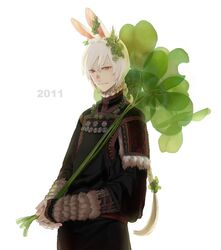  1boy 2011 animal_ears braid clover commentary_request grey_hair hair_ornament long_hair long_sleeves male_focus new_year original oversized_object rabbit_ears ririnra single_braid solo white_hair 