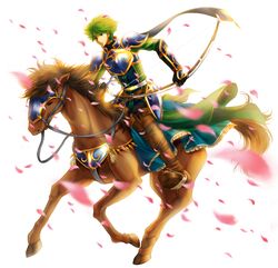  1boy arano_hachi armor belt blue_eyes boots bow_(weapon) cherry_blossoms commentary_request fire_emblem fire_emblem:_mystery_of_the_emblem fire_emblem:_new_mystery_of_the_emblem gauntlets green_eyes green_hair horse horseback_riding male_focus riding sedgar_(fire_emblem) solo weapon 