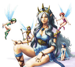  5girls armlet arms_behind_back bare_shoulders beads black_nails blonde_hair blue_eyes blue_hair blue_leotard boots bracelet breasts cleavage commentary_request cross-laced_footwear dress fairy fairy_queen_(la_mulana) fairy_wings fingernails flipped_hair flying frilled_leotard frills green_eyes green_hair green_leotard grey_hair hair_tie hand_on_own_knee hand_on_own_thigh highres holding holding_sword holding_weapon jewelry key knee_boots kneeling la_mulana leg_up leotard light_smile lips long_fingernails long_hair long_pointy_ears looking_at_viewer looking_up low_twintails mini_person minigirl multiple_girls nail_polish naramura necklace obi open_clothes pendant pink_leotard pointing pointy_ears red_eyes red_hair ring sash short_dress short_hair short_twintails sidelocks simple_background sitting size_difference small_breasts smile staff sword tiara twintails v_arms very_long_hair wavy_hair weapon white_background wings yellow_leotard 