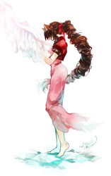  aerith_gainsborough bad_id bad_pixiv_id barefoot bow brown_hair dress feathers female final_fantasy final_fantasy_vii full_body hairbow long_dress long_hair pink_dress shirori_(maremitu) simple_background solo very_long_hair 