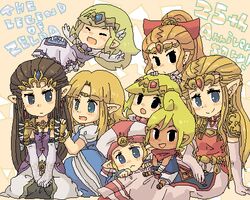  6+girls black_eyes blonde_hair blue_eyes brown_hair commentary_request earrings jewelry long_hair lowres multiple_girls multiple_persona pointy_ears princess_zelda smile tetra the_legend_of_zelda the_legend_of_zelda:_a_link_to_the_past the_legend_of_zelda:_ocarina_of_time the_legend_of_zelda:_spirit_tracks the_legend_of_zelda:_the_wind_waker the_legend_of_zelda:_twilight_princess toon_zelda tsutsuji young_zelda 