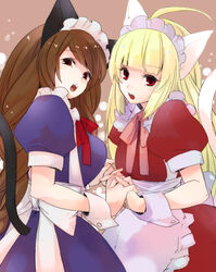  2girls ahoge animal_ears apron bad_id bad_pixiv_id blonde_hair blunt_bangs brown_hair cat_ears cat_tail hands hidaka_ryou holding_hands in_those_days interlocked_fingers long_hair looking_at_viewer maid maid_headdress multiple_girls oerba_yun_fang open_mouth photoshop_(medium) red_eyes tail waist_apron wrist_cuffs 