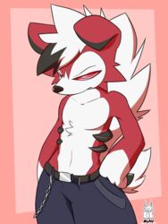  3:4 anthro belt black_body black_fur bottomwear clothed clothing denim denim_bottomwear denim_clothing fur generation_7_pokemon hi_res jeans lycanroc male miau midnight_lycanroc nintendo pants pokemon pokemon_(species) red_body red_fur red_sclera simple_background solo standing topless white_body white_fur 