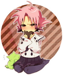  bad_id bad_pixiv_id candy chocolate crossover eating female food heart heart-shaped_chocolate kimidori-san kiyo_(misato89) kogami_akira lucky_star no_shoes pantyhose pink_hair pleated_skirt school_uniform serafuku shiraishi_minoru_(voice_actor) short_hair sitting skirt solo suzumiya_haruhi-chan_no_yuuutsu suzumiya_haruhi_no_yuuutsu tears voice_actor_connection 