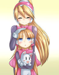  2girls alouette_(mega_man) blonde_hair blue_eyes ciel_(mega_man) closed_eyes commentary_request doll gloves headpat mega_man_(series) mega_man_zero_(series) misaki_yuuma multiple_girls pantyhose ponytail 