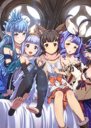  4girls :d animal_ears aster_(granblue_fantasy) backlighting bare_shoulders barefoot bed black_thighhighs blue_eyes blue_hair blunt_bangs blush breasts brown_eyes brown_footwear brown_hair chestnut_mouth closed_mouth collarbone commentary_request curly_hair detached_sleeves dress drill_hair drill_sidelocks erin_(granblue_fantasy) erune feet frilled_sleeves frills fur_trim girl_sandwich granblue_fantasy hairband hand_on_another&#039;s_shoulder head_tilt highres holding_hands indoors kneeling lens_flare light_purple_hair lily_(granblue_fantasy) long_hair looking_at_viewer medium_breasts midorinocha multiple_girls on_bed open_mouth phoebe_(granblue_fantasy) pointy_ears purple_hair round_window sandwiched sidelocks sitting smile soles sunlight thighhighs toeless_legwear toenails toes twirling_hair v-shaped_eyebrows white_dress window 