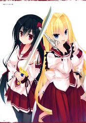  2girls absurdres black_hair blonde_hair blue_eyes gun hand_on_own_hip handgun hidan_no_aria hidan_no_aria_aa highres holding holding_sword holding_weapon kobuichi lips long_hair long_skirt looking_at_viewer multiple_girls nail_polish official_art open_mouth page_number pantyhose red_eyes revolver sasaki_shino scan school_uniform serafuku serious skirt smile sword takachiho_urara very_long_hair weapon white_background 