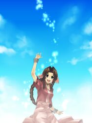  aerith_gainsborough bow bracelet braid brown_hair choker commentary_request cropped_jacket dress female final_fantasy final_fantasy_vii green_eyes hair_ribbon jewelry long_dress long_hair pink_bow pink_dress ponytail ribbon seasaltice13 single_braid solo 