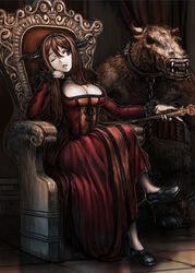  bad_id bad_pixiv_id breasts brown_hair burunuu_(bullnukko) cleavage crossed_legs dress female fur_trim horns large_breasts long_hair maou_(maoyuu) maoyuu_maou_yuusha one_eye_closed red_eyes sitting solo throne 