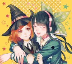  2girls bad_id bad_pixiv_id black_hair chabashira_tenko closed_eyes commentary_request danganronpa_(series) danganronpa_v3:_killing_harmony hat holding hug long_hair mole mole_under_mouth multiple_girls red_hair ribbon school_uniform serafuku shirt short_hair skirt smile staff twintails very_long_hair witch_hat xino yumeno_himiko yuri 