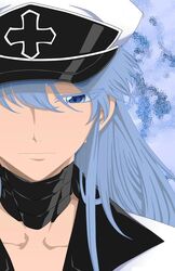  akame_ga_kill! blue_eyes blue_hair esdeath esdese female hat ishira-san jpeg_artifacts long_hair md5_mismatch sad square_enix 