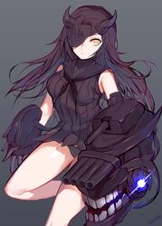  abyssal_ship black_hair commentary dress female gloves highres horns kantai_collection light_cruiser_princess long_hair looking_to_the_side mask mukka one_eye_covered panties ribbed_dress sailor_dress short_dress sleeveless sleeveless_dress solo turret twitter_username underwear yellow_eyes 