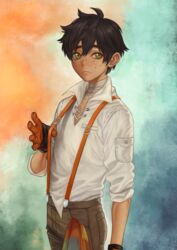  1boy bandages brown_hair closed_mouth commentary_request fishiebug freckles gloves green_eyes hair_between_eyes looking_to_the_side male_focus messy_hair orange_gloves oscar_pine rag rwby shirt sleeves_rolled_up solo suspenders tan thick_eyebrows white_shirt 