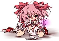  all_fours bad_id bad_pixiv_id bow female hairbow kaname_madoka kaname_madoka_(magical_girl) mahou_shoujo_madoka_magica mahou_shoujo_madoka_magica_(anime) meiro_(yuu) pink_eyes pink_hair shoes short_twintails single_shoe skirt solo tears torn_clothes twintails 