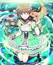  ;d bad_id bad_pixiv_id black_footwear black_legwear braid breasts brown_hair cake canine chocolate_cake commentary_request dated dress female flower food frilled_dress frills fruit grass green_dress head_wreath juliet_sleeves kyousin licking licking_another&#039;s_face lily_pad long_hair long_sleeves lord_of_knights low-tied_long_hair official_art one_eye_closed open_mouth peach photoshop_(medium) ponytail puffy_sleeves purple_eyes shoes short_sleeves small_breasts smile solo strawberry white_flower wings wristband 