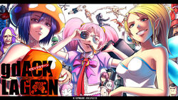  4girls black_lagoon blonde_hair character_request cigar commentary_request gdgd_fairies hair_ornament highres k-suwabe korokoro mochida_fusako multiple_girls mushroom parody pikupiku pink_hair ponytail purple_hair shirushiru skull_hair_ornament smoking style_parody sunglasses twintails 