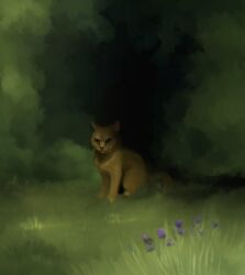  ambiguous_gender digital_media_(artwork) digital_painting_(artwork) domestic_cat felid feline felis feral firestar_(warriors) flower fur grass green_eyes happy-cat hi_res male_(lore) mammal orange_body orange_fur outside plant shaded sitting smile soft_shading solo tail warriors_(book_series) whiskers 