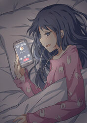  animal_print bed_sheet black_hair blue_eyes cable cellphone commentary_request dark_room earbuds earphones emia_wang female from_above head_on_pillow long_hair long_sleeves lying on_side open_mouth original pajamas phone photoshop_(medium) pillow pink_pajamas print_pajamas rabbit_pajamas rabbit_print smartphone solo under_covers 