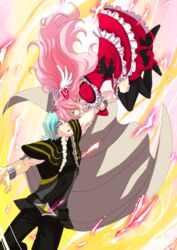  1boy 3737-3737 angel_wings black_pantyhose bow cape closed_eyes commentary_request cure_passion dress female fresh_precure! green_hair hair_ornament hairpin heart heart_hair_ornament higashi_setsuna high_heels highres hug image_sample long_hair magical_girl md5_mismatch pants pantyhose pink_hair pixiv_sample precure ribbon shoes surprised tiara wester_(fresh_precure!) wings wrist_cuffs 