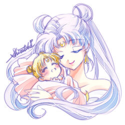  2girls aged_down baby baby_carry bishoujo_senshi_sailor_moon bishoujo_senshi_sailor_moon_(first_season) blonde_hair carrying closed_eyes commentary_request crescent crescent_brooch crescent_facial_mark double_bun earrings facial_mark forehead_mark hair_bun jewelry long_hair lowres mother_and_daughter motherly multiple_girls princess_serenity queen_serenity shirataki_kaiseki short_hair signature smile tsukino_usagi twintails upper_body white_background white_hair 