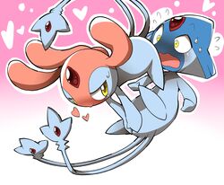  2_tails ambiguous/ambiguous ambiguous_gender azelf blush duo feral generation_4_pokemon gradient_background heart_symbol hm3526 legendary_pokemon mesprit multi_tail nintendo pink_background pokemon pokemon_(species) semi-anthro simple_background tail teasing unavailable_at_source white_background 