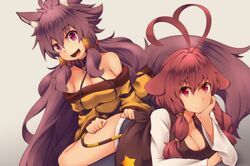  2girls animal_ears antenna_hair bare_shoulders breasts cleavage collar commentary_request inukami_shino_(kuromiya) inumiya_shiho_(kuromiya) kuromiya large_breasts long_hair looking_at_viewer multiple_girls oerba_yun_fang open_mouth original purple_eyes purple_hair red_eyes red_hair smile tail twintails 