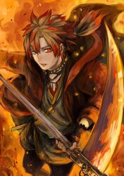  1boy bad_id bad_pixiv_id fingerless_gloves fire gloves heterochromia japanese_clothes jewelry male_focus multicolored_hair necklace open_mouth original ponytail ririnra scythe solo two-tone_hair 