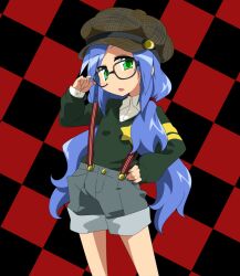  bespectacled blue_hair commentary_request female glasses green_eyes hat izumi_konata long_hair lucky_star mole mole_under_eye shorts solo suspenders takeya_yuuki twintails 