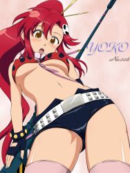  belt bikini_top erect_nipples ez-nerg fingerless_gloves gun hair_pin mameshiba_(artist) navel open_mouth oppai red_hair scarf shorts skull_pin sniper thighhighs yellow_eyes yoko_littner 