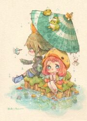  1boy afloat_leaves animal beige_background bird bird_hood blue_eyes blue_footwear blush boots brown_hair commentary_request detached_sleeves dripping female frog gloves harukage hat hood hood_up knees_up leaf long_hair looking_at_viewer oil-paper_umbrella on_ground on_umbrella original outstretched_arm profile red_hair sash shared_umbrella shorts sitting teruterubouzu umbrella water white_gloves white_legwear 