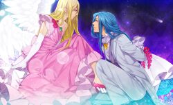  2boys afuro_terumi angel_wings bad_id bad_pixiv_id blonde_hair blue_eyes blue_flower blue_rose bouquet crossdressing dress earrings edgar_valtinas elbow_gloves flower formal gloves high_heels inazuma_eleven inazuma_eleven_(series) jewelry long_hair long_sleeves male_focus multiple_boys multiple_wings necklace otoko_no_ko petals profile red_eyes red_flower red_rose rose rose_petals sencha_(senchat) shoes wings 