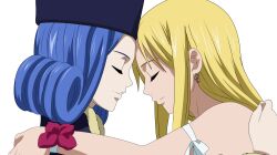  blonde_hair blue_hair closed_eyes curly_hair fairy_tail fur_hat hug juvia_loxar lucy_heartphilia smile transparent_png vector_trace 