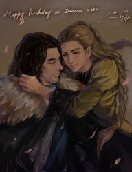  1boy a_song_of_ice_and_fire animification arya_stark black_hair braid brother_and_sister brown_hair commentary_request facial_hair female hug jon_snow photoshop_(medium) ponytail shinhome siblings single_braid stubble 