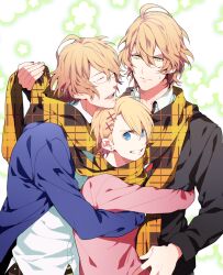  2boys bad_id bad_pixiv_id blonde_hair blue_eyes closed_eyes dual_persona earrings glasses green_eyes hair_ornament hairclip hug jewelry kurusu_shou male_focus multiple_boys open_mouth scarf shared_clothes shared_scarf shinomiya_natsuki_(uta_no_prince-sama) shinomiya_satsuki teeth uta_no_prince-sama yuzumame 