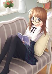  :o absurdres adjusting_eyewear ahoge blush book bookmark brown_eyes brown_hair chair commentary_request curtains female frilled_pillow frills glasses highres kuro_(chrono) lamp long_hair long_sleeves open_book open_mouth original pantyhose pillow plaid plaid_skirt plant reading reclining sitting_sideways skirt solo window 