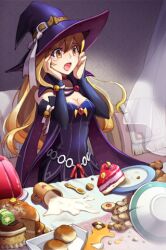  artist_request bell belt blonde_hair bread breasts cake cape choker cleavage cookie cup dress female food gelatin hat long_hair lowres medium_breasts open_mouth pantyhose ribbon solo spill spoon sword_girls table witch witch_hat yellow_eyes 