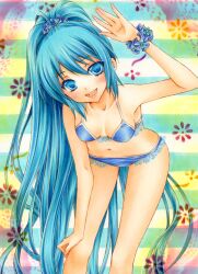  aoi_yuuka_(ao_no_kokoro) aqua_eyes aqua_hair bikini blush commentary_request female hatsune_miku leaning_forward long_hair marker_(medium) navel open_mouth ponytail project_diva_(series) project_diva_2nd smile solo striped striped_background swimsuit swimwear_(module) swimwear_b_(module) traditional_media very_long_hair vocaloid wristband 