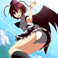  black_wings blush breasts brown_eyes brown_hair commentary_request female hat highres liya looking_at_viewer one_eye_closed open_mouth panties pantyshot shameimaru_aya small_breasts smile solo standing tokin_hat touhou underwear white_panties wings 